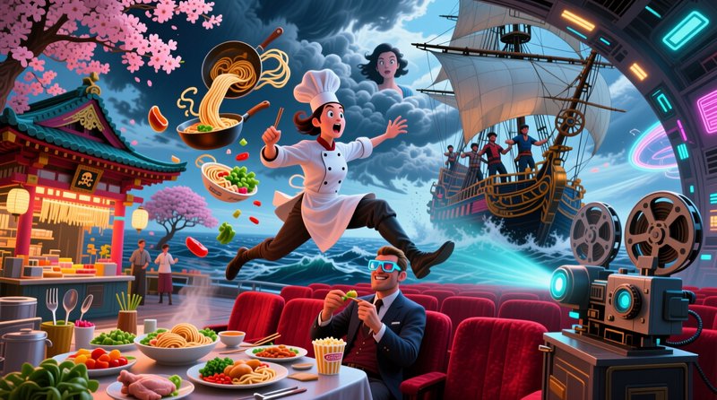 Surreal cartoon mashup of jumping chef, flying noodles, Japanese food stall, pirate ship, and ret...