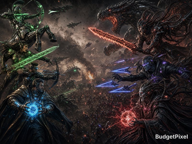 Epic fantasy sci-fi battle scene with opposing armies wielding glowing elemental weapons above a ...