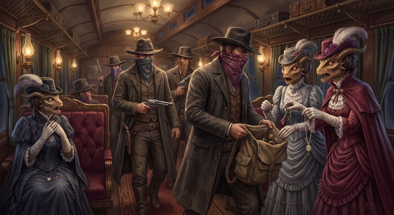 Masked Wild West train robbers hold up shocked anthropomorphic dragon passengers inside an ornate...