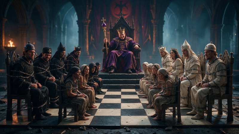 Tyrannical crowned king on throne, chained prisoner subjects arranged as chess pieces on checkere...