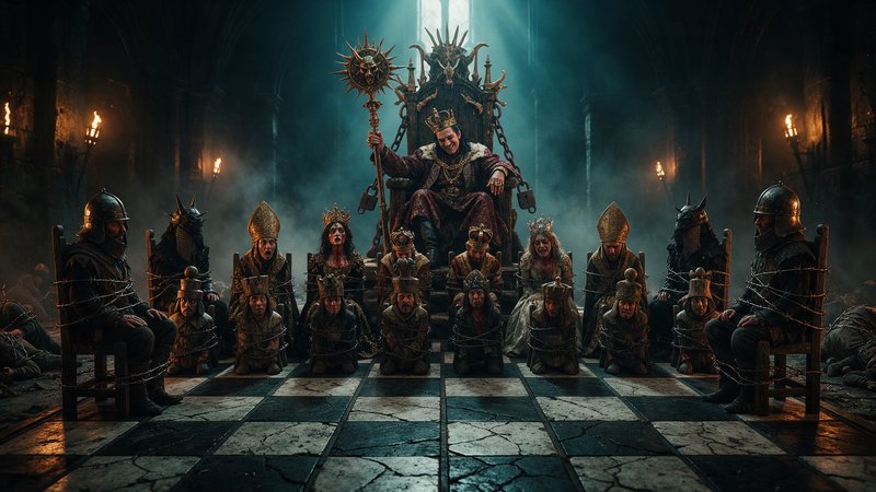 Grinning tyrant king sits on spiked throne, captive bound court arranged as living chess pieces i...
