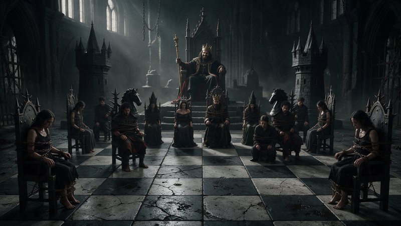 Dark fantasy throne room where a crowned tyrant king presides over bound prisoners arranged as li...