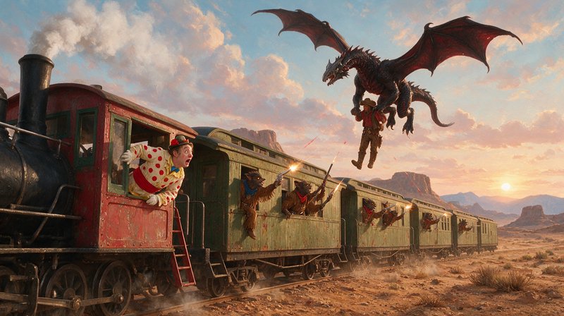 Surreal wild west fantasy scene: steam train under dragon attack, werewolf bandits firing from wi...