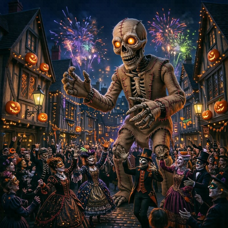 Towering stitched skeletal golem looms over costumed Halloween festival crowds beneath fireworks ...