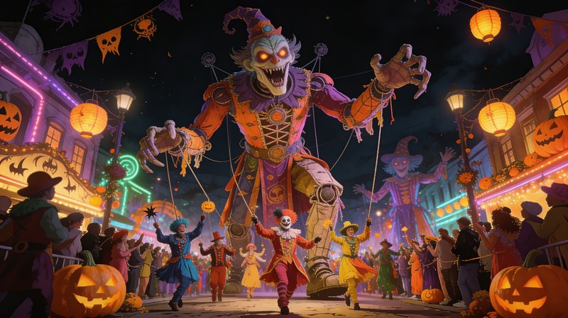 Giant menacing clown marionette float leads a costumed nighttime Halloween parade down a decorate...