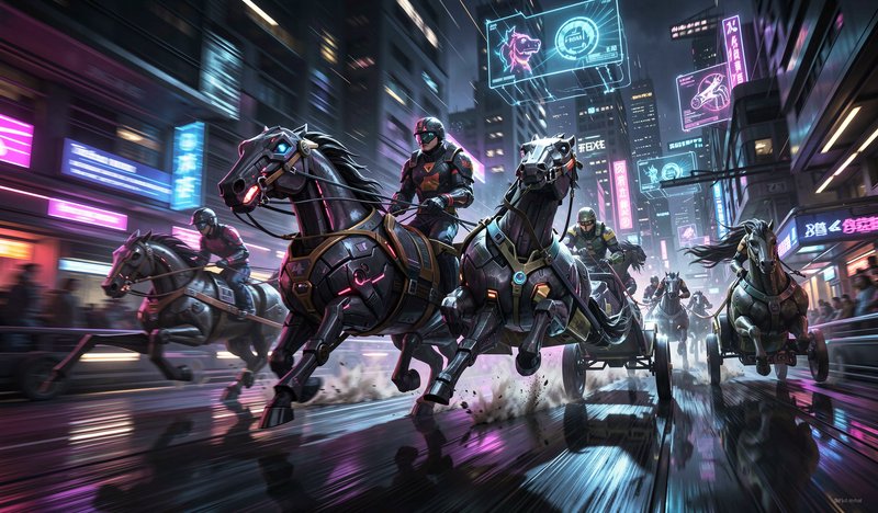 Futuristic cyberpunk chariot race with robotic horses speeding down a neon lit rainy city street