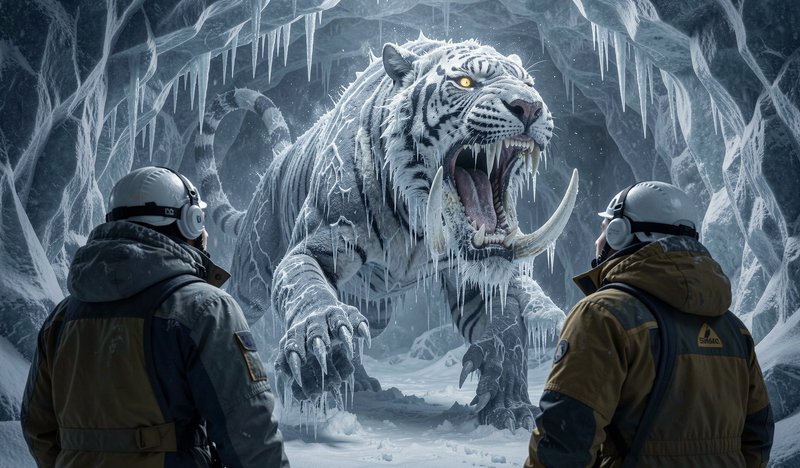 Two arctic explorers confront a roaring ice-covered sabertooth tiger inside a frozen glacial cave