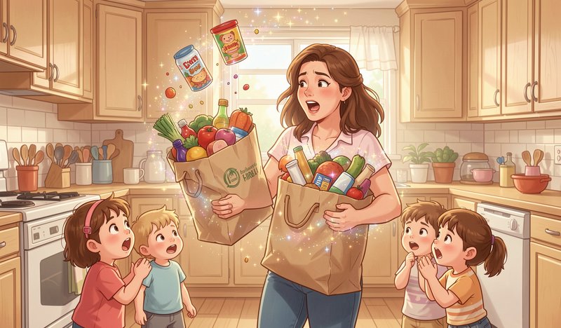 Surprised mom holds overflowing grocery bags as floating groceries amaze four wide-eyed kids in a...