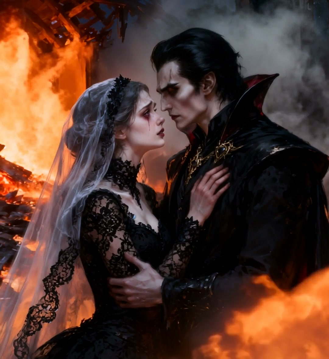 A gothic bride and dark-cloaked groom share a dramatic, intimate embrace amid blazing ruins.
