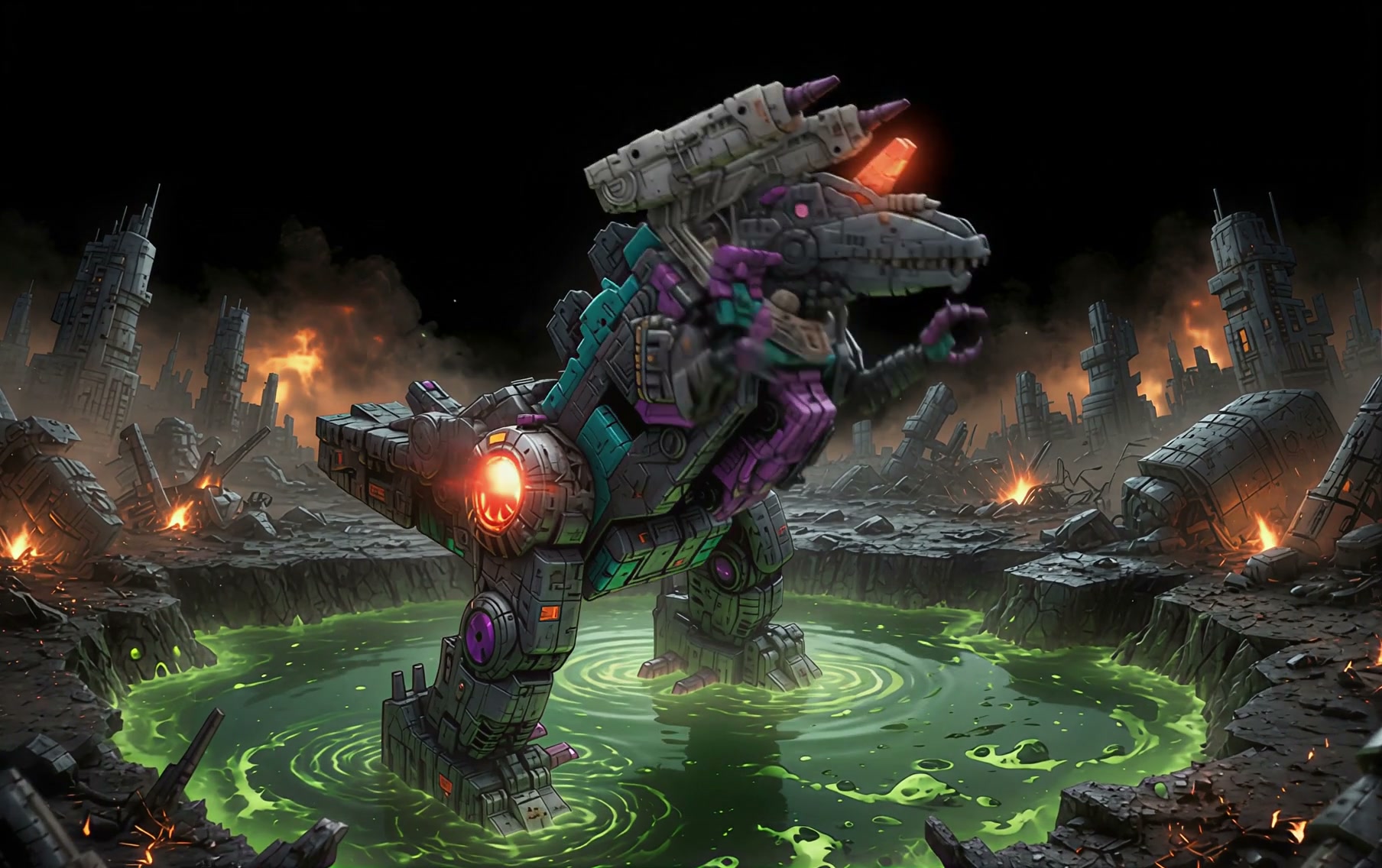 Massive robotic dinosaur mech standing in glowing green toxic waste on a burning post-apocalyptic...