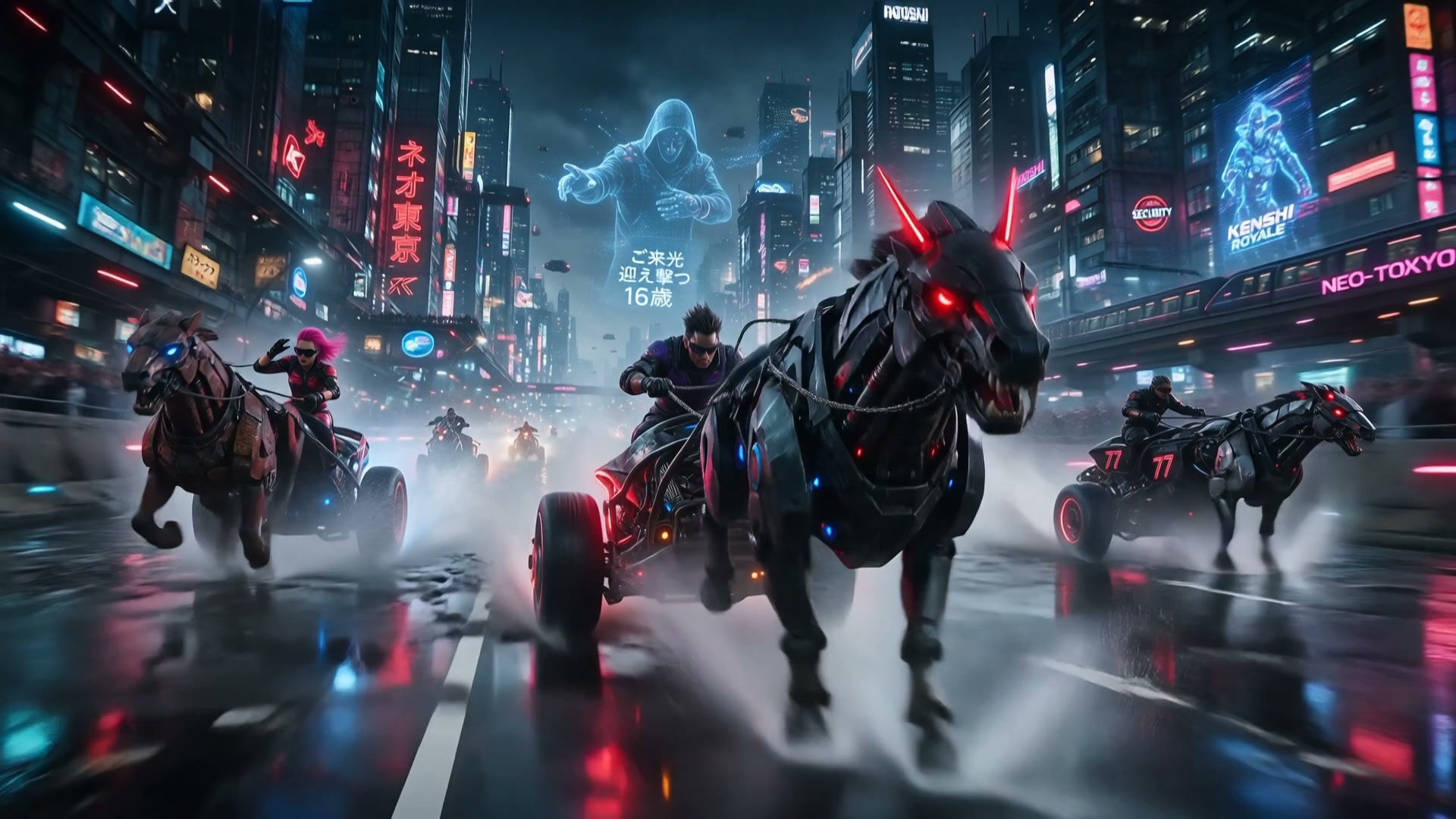 Futuristic cyberpunk chariot race with robotic horses speeds down wet neon-lit Neo Tokyo streets ...