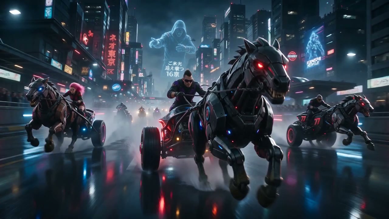 Racers piloting cybernetic horse chariots race through a rainy neon cyberpunk city at night