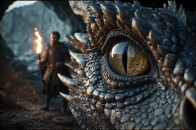 Close-up of a dragon's textured eye with a warrior holding a torch in a cavern.