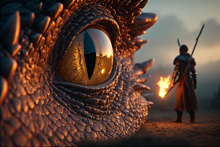 Close-up of a dragon's textured eye with a torch-wielding warrior in the background at sunset.
