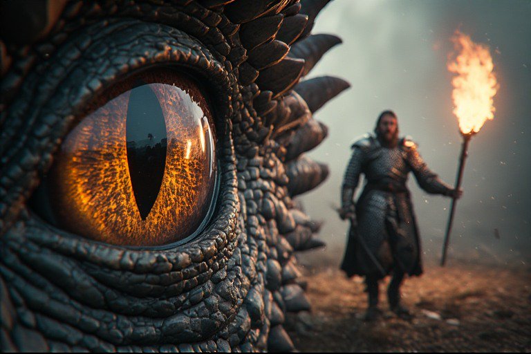 Close-up of a dragon's scaly eye with an armored warrior and torch in a smoky battlefield.