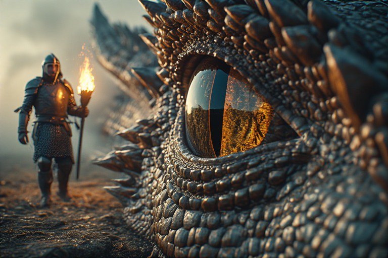 Close-up of a dragon's scaly eye with a knight holding a torch in the blurred background.