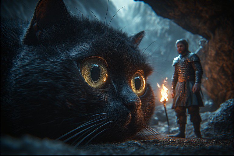 Close-up of a black cat with large golden eyes in a dark cave, with a armored knight in the background.