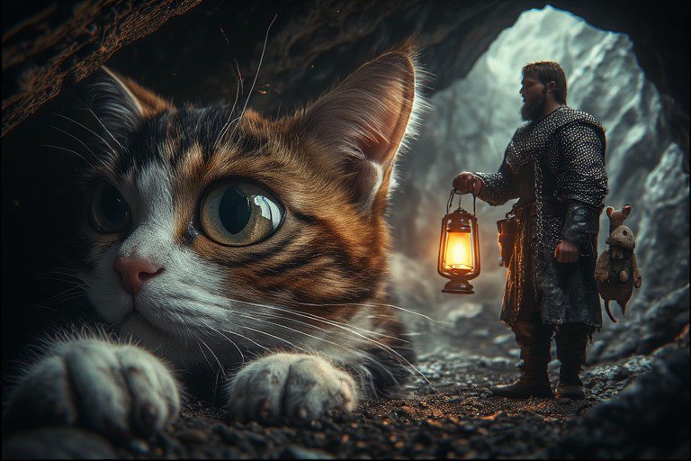 Large calico cat peering from a dark cave with a knight holding a glowing lantern in the background.