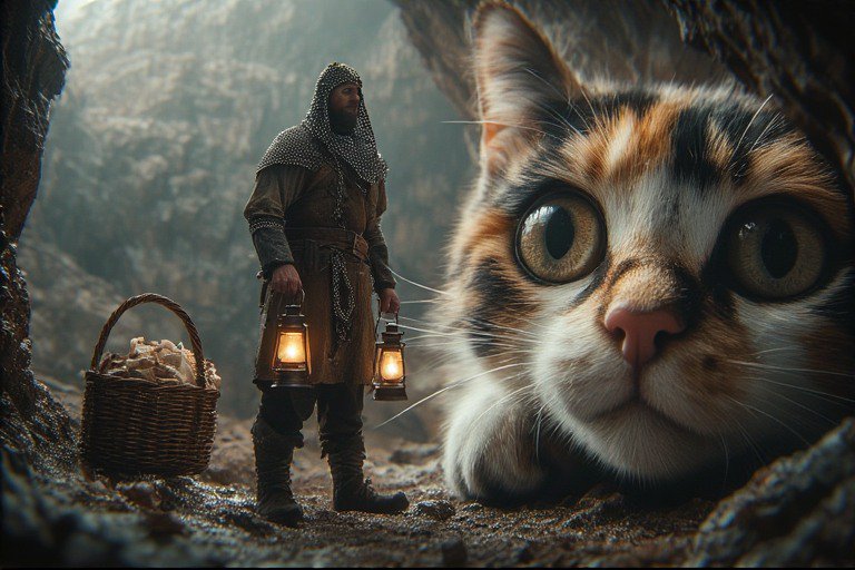 A medieval warrior with lanterns beside a gigantic curious cat in a dim cave