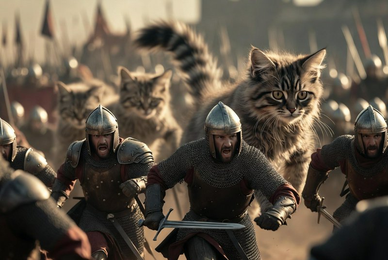 Armored medieval knights charging into battle with a large cat looming in the background.