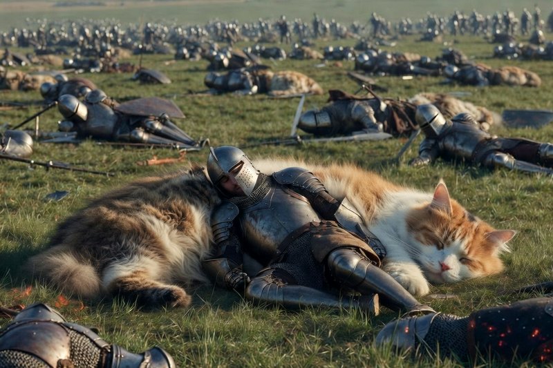 Sleeping cat nestled among fallen medieval armor on a grassy battlefield
