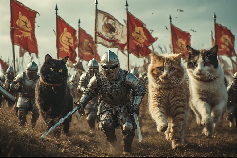 Group of armored knights marching with three large cats running beside them.
