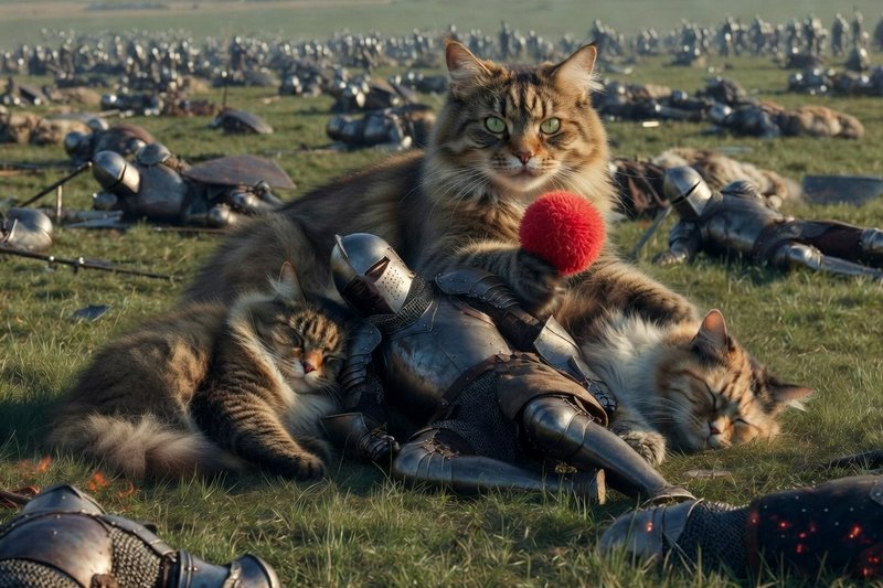 Three fluffy cats lounging among knight armor on a grassy battlefield with a red fuzzy ball.