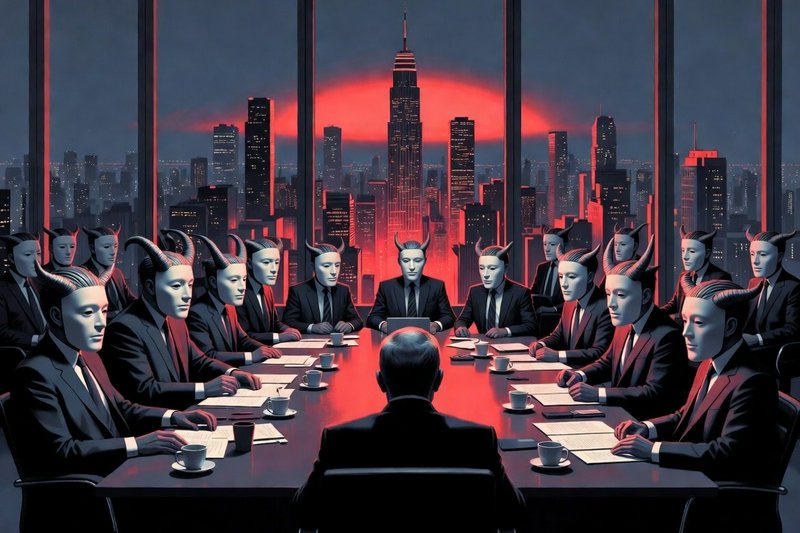 Conference room full of suited figures wearing horned white masks around a long table with a red-...