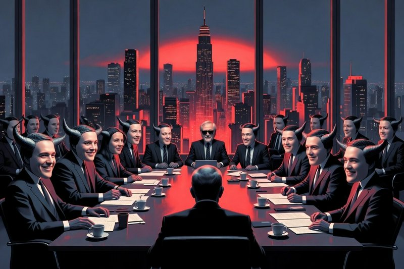 Office boardroom full of people wearing devil horns around a long table with a city skyline red s...