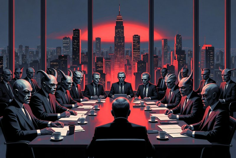 Aliens in business suits seated around a long conference table with a neon city skyline and red g...