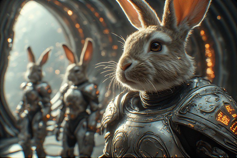 Close-up of a rabbit in ornate sci-fi armor in a futuristic tunnel, with other armored rabbits in...