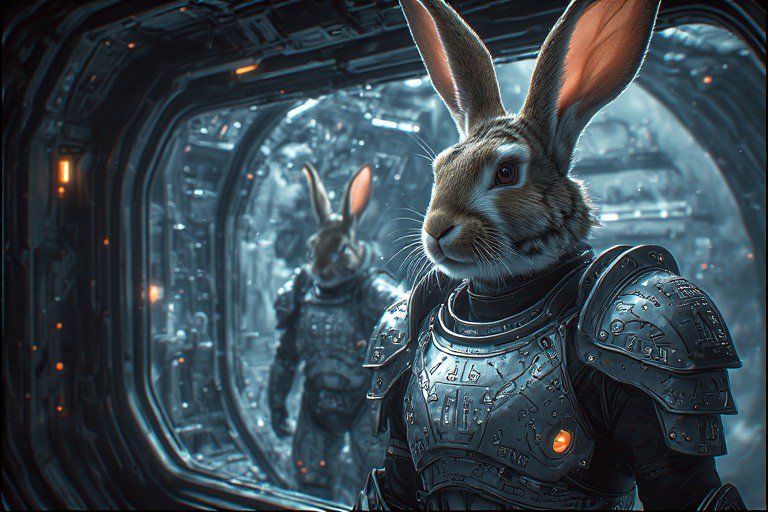 Futuristic rabbit in heavy armor aboard a sci-fi spaceship corridor.