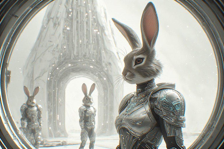 Armored humanoid rabbit in futuristic suit stands in circular portal with icy archway.