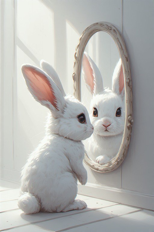 White bunny sitting by an ornate mirror, gazing at its reflection.