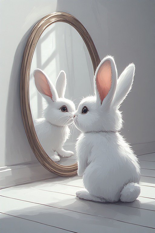 White fluffy bunny staring at its reflection in a round mirror.