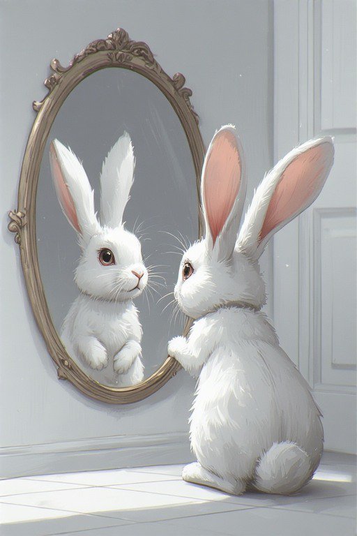 Two white rabbits facing each other in front of an ornate oval mirror.