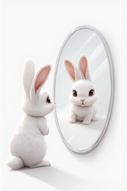 White bunny looking at its reflection in an oval mirror