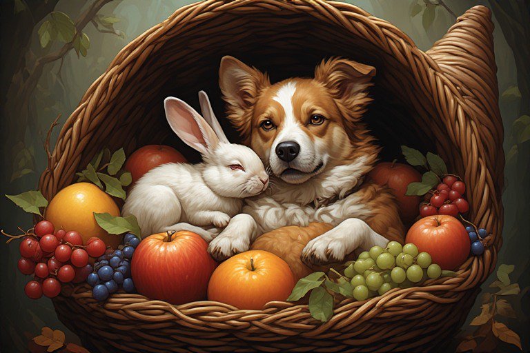 Adorable dog and white rabbit cuddling in a wicker basket overflowing with autumn fruit.