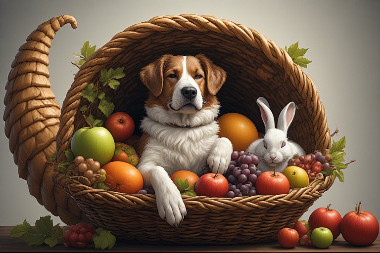 Beagle dog in a woven basket filled with apples, oranges, grapes, and a white rabbit beside.
