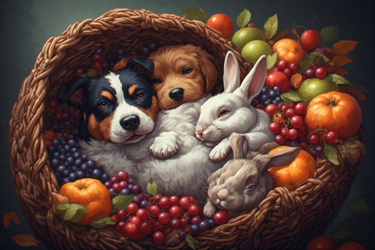 Cozy basket with puppies and rabbits nestled among grapes, apples, and pumpkins.