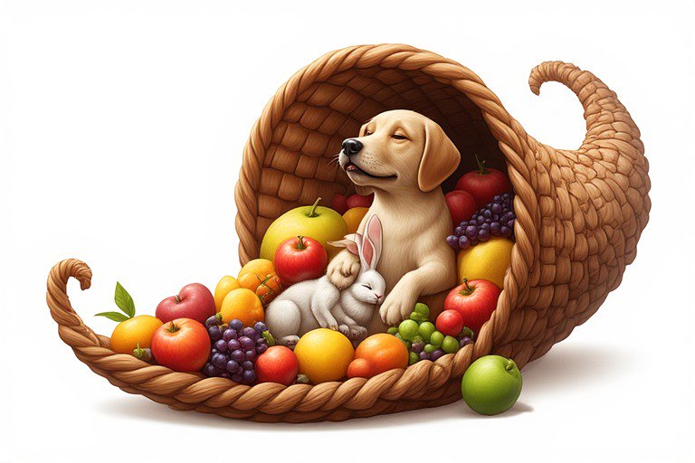 Basket spill of colorful fruits with a sleepy dog and adorable rabbit nestled inside.