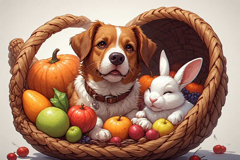 Illustration of a dog and a white cat cuddled inside a wicker basket filled with pumpkins and fru...