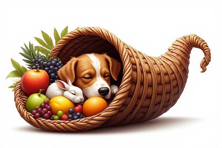 Wicker basket tipped open with a sleeping dog and cat among colorful fruits.