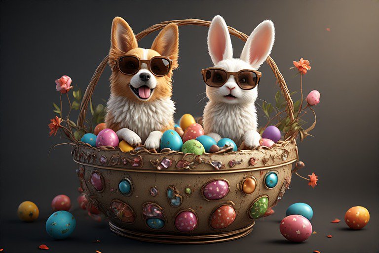 Two pets (dog and bunny) wearing sunglasses sit in an Easter basket filled with colorful eggs.
