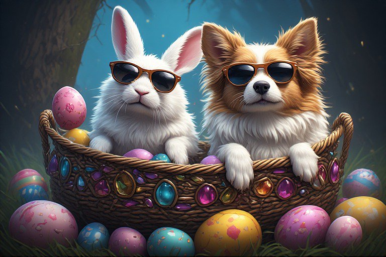 Two cute pets (white rabbit and fluffy dog) wearing sunglasses in a wicker basket with colorful E...