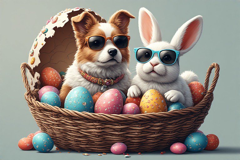 Two cute pets, a dog and a rabbit, wearing sunglasses in a wicker Easter basket filled with color...