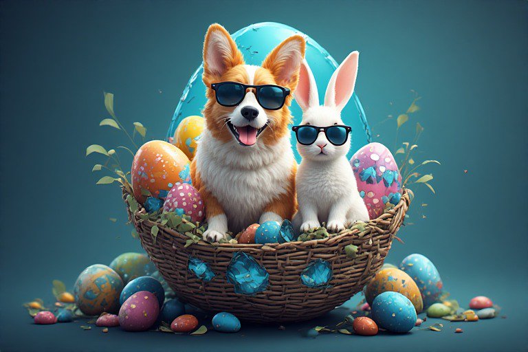Two cute pets wearing sunglasses sit inside a wicker Easter basket filled with colorful eggs.