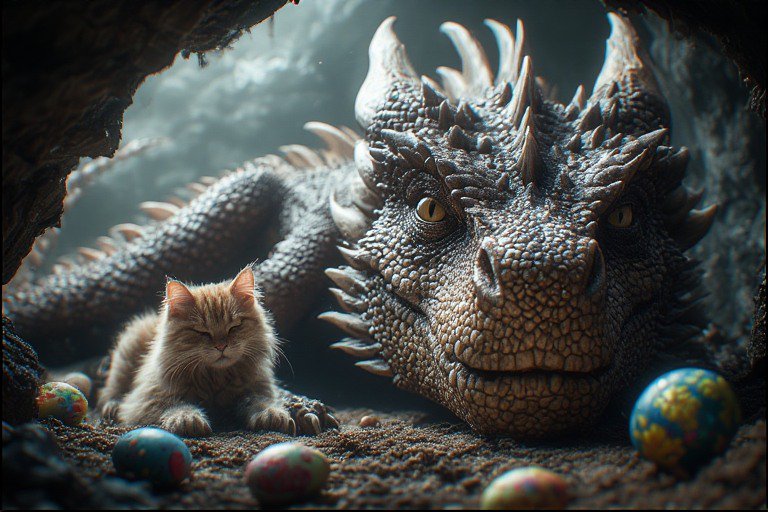 A ginger cat sleeping beside a large, armored dragon inside a cave with colorful eggs.