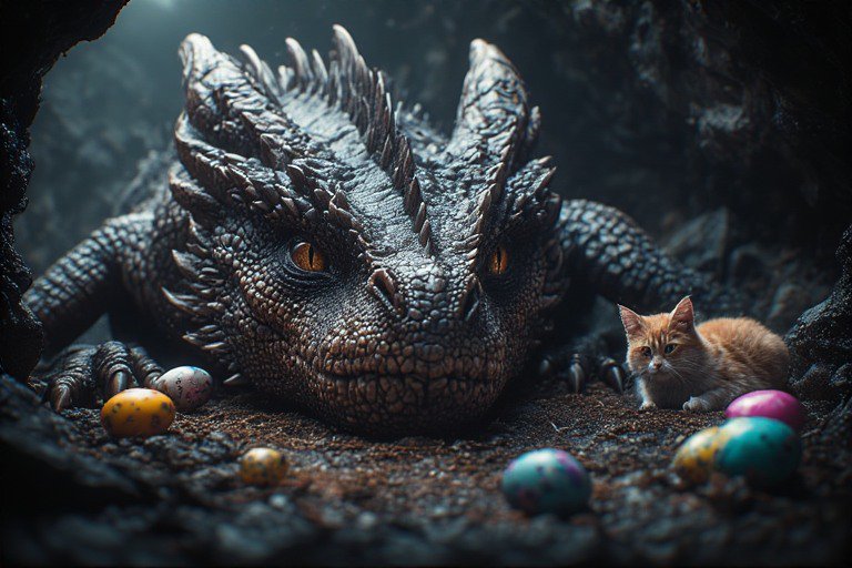 Smug dragon resting in a dark cave beside a tiny kitten and colorful eggs.
