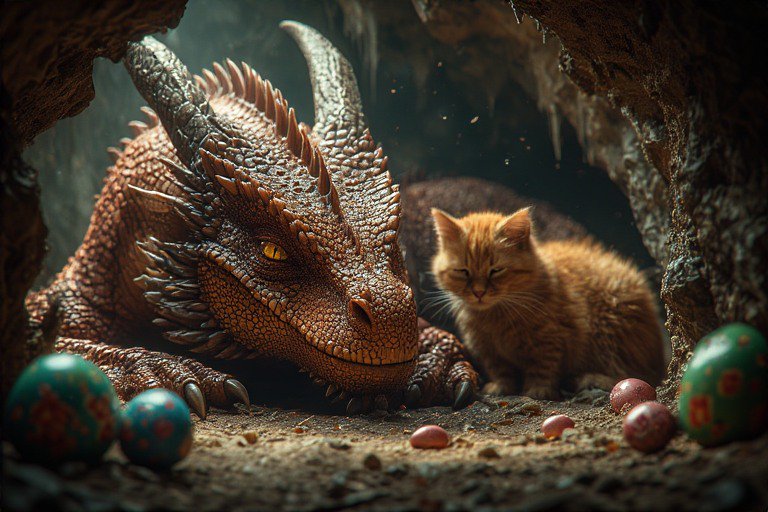 Dragon and a ginger cat resting together inside a cave among colorful eggs.